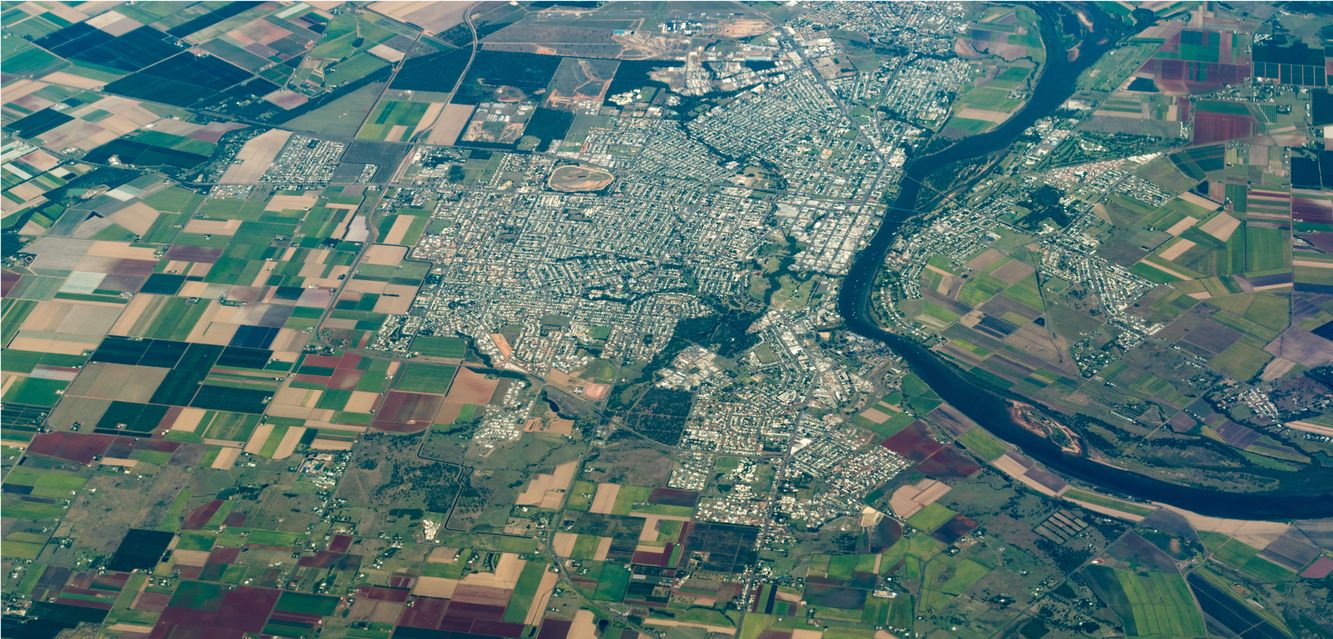 An aerial view of Bundaberg and Bundaberg Airport in Queensland.