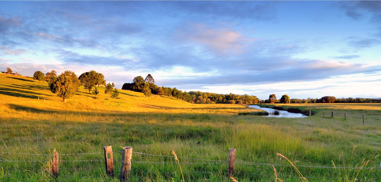 Sunset over grass fields at Capalaba Redland, Queensland.