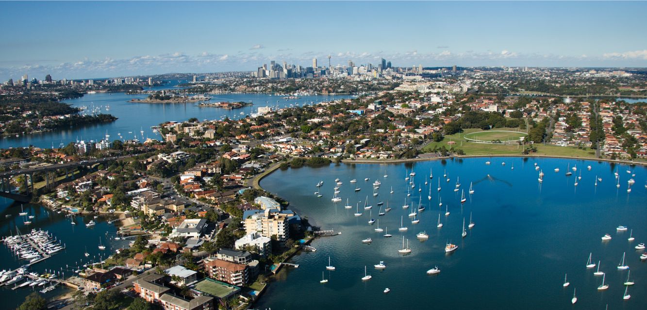Aerial view of boats and buildings in Sydney Harbour from Five Dock Bay in Drummoyne.