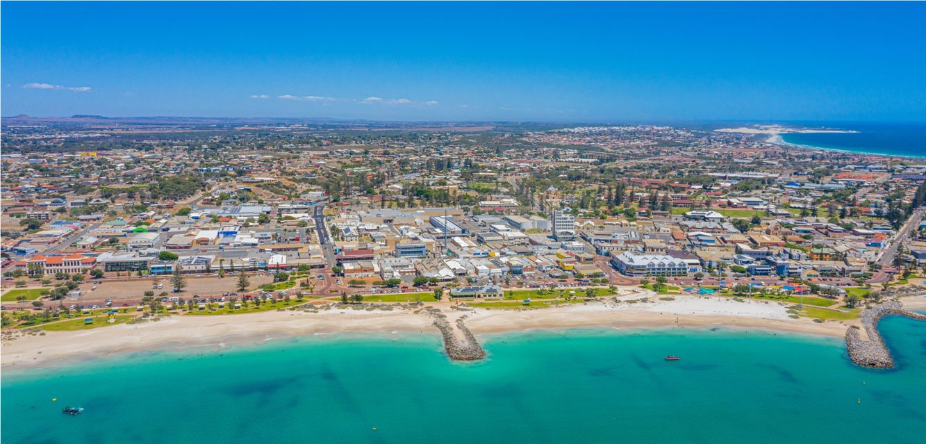 An aerial panorama of Geraldton, Western Australia.