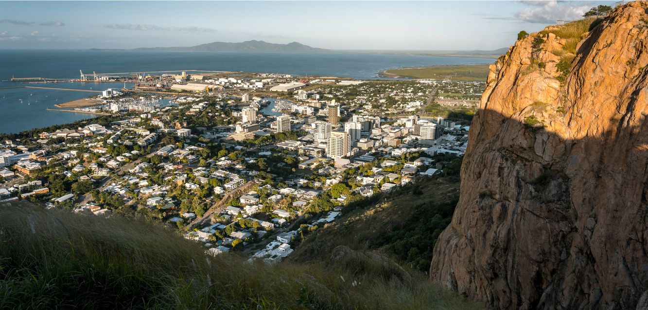 The view from Castle Hill over Townsville with Magnetic Island in the distance.