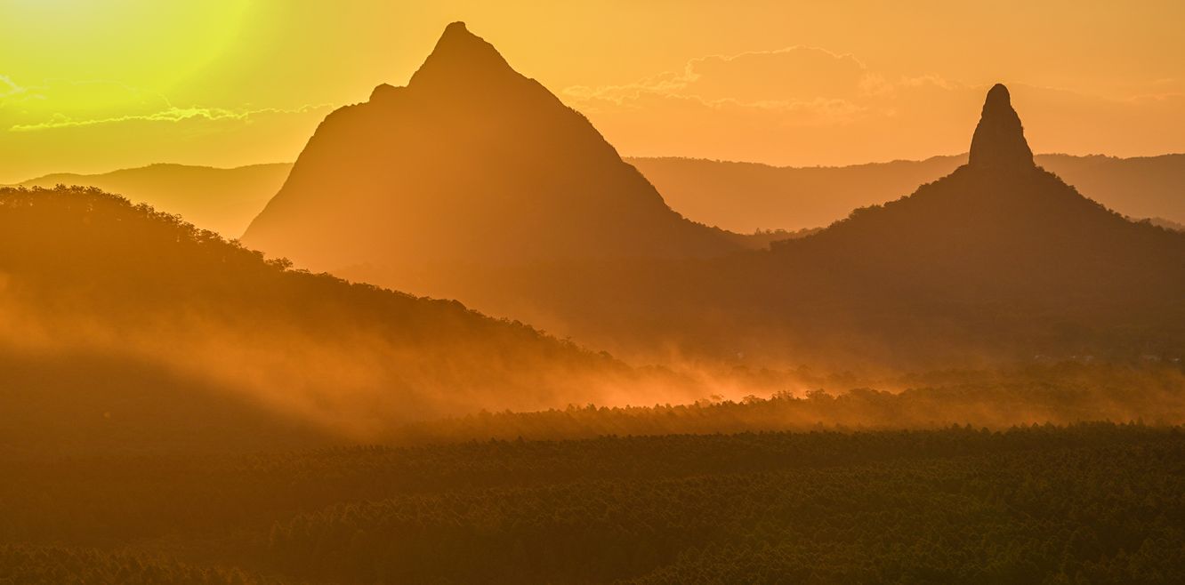 Sunset at the Glasshouse Mountains.