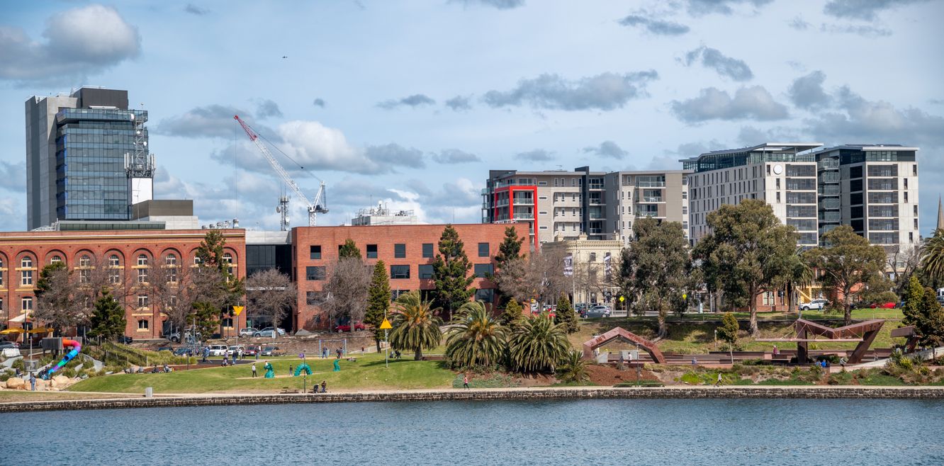 Geelong skyline from a city pier, Victoria, Australia.