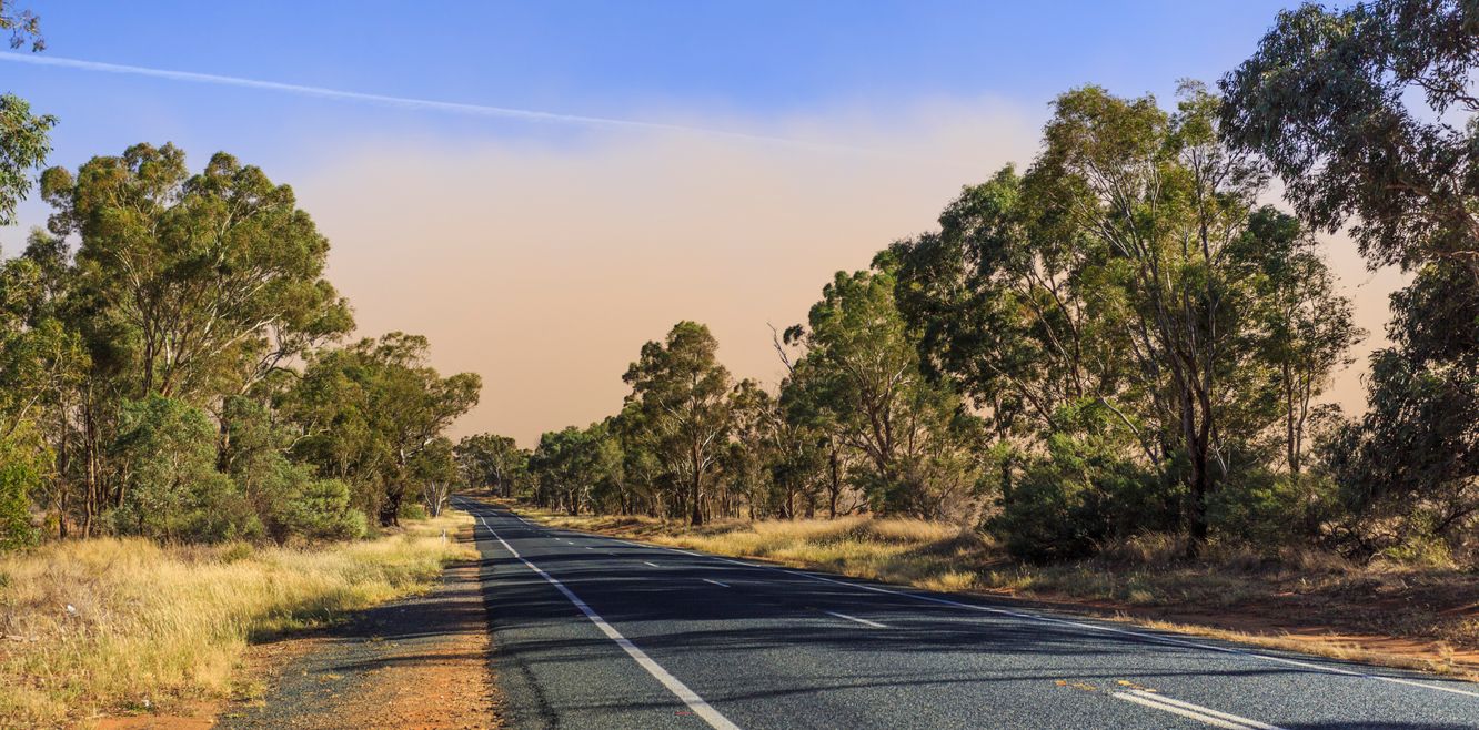 Approaching a dust storm while driving along the Goldfields Way between Wagga Wagga and Temora, New South Wales.
