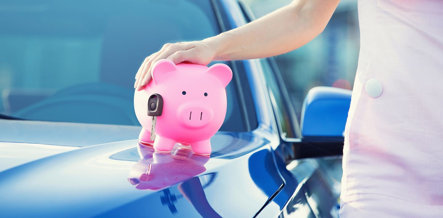 A piggy bank on a rental car bonnet.