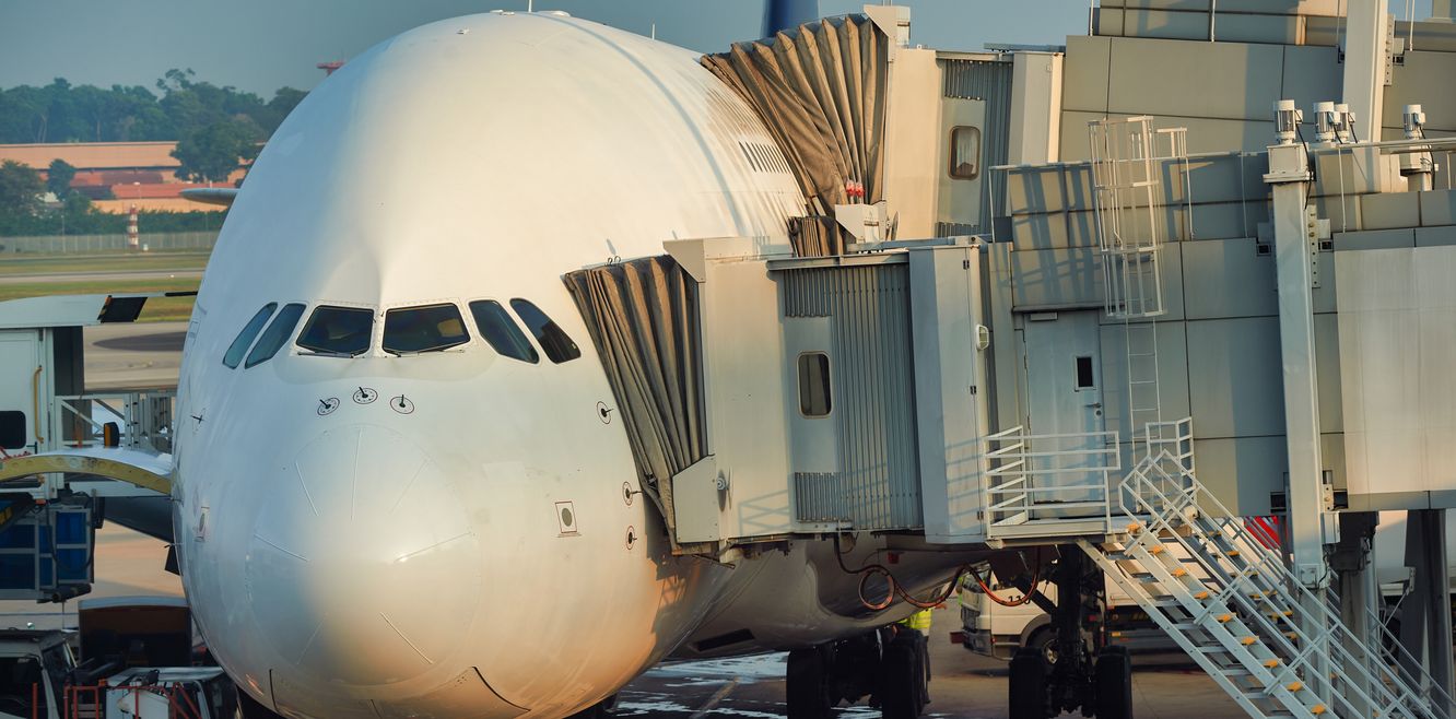 An A380 at a gate at Singapore’s Changi Airport.