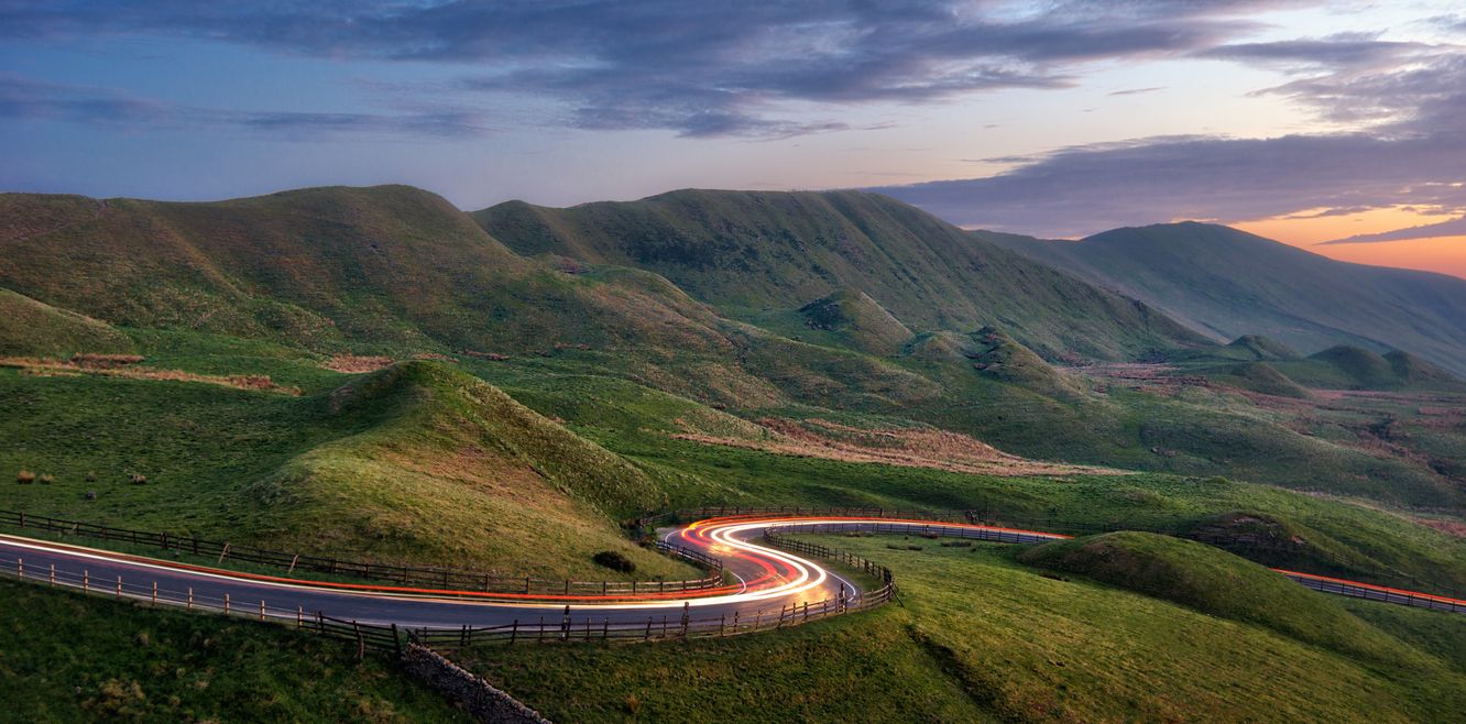 Light Trails on a Mountain Road in Peak District