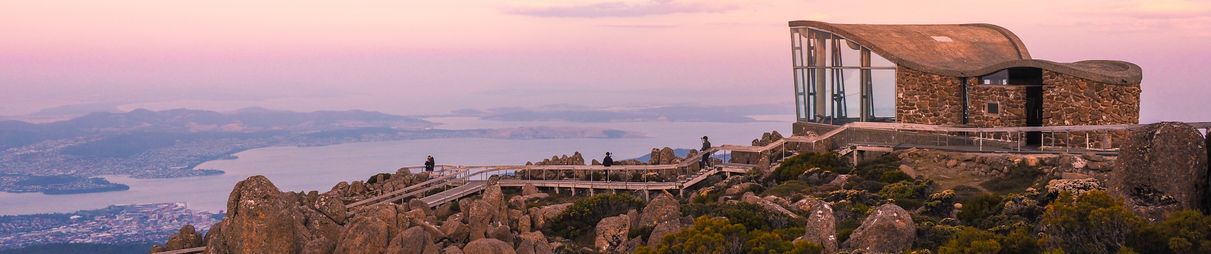 Information centre at the Mount Wellington summit at sunrise, Tasmania, Australia.