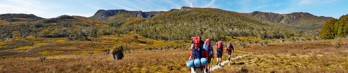 Hikers on Overland Trail in Tasmania.