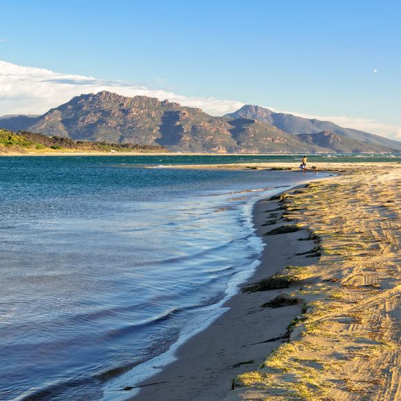 On Nine Mile Beach near Swansea with the Freycinet National Park in the distance.