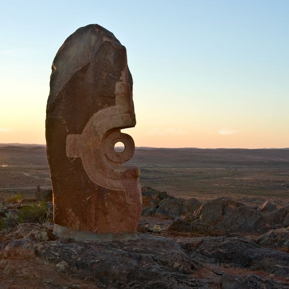 The Under The Jaguar Sun sculpture in the desert park outside Broken Hill.